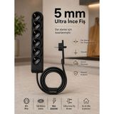 Orvi Prime 6’lı Topraklı Uzatma Kablosu 1,5 Metre 5 mm Ultra Ince Fiş Yer Kaplamayan Özel Tasarım Siyah