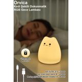 ORVİCA Dokunmatik RGB Gece Lambası Kedi Şekilli - Silikon Şarjlı LED Işık Çocuk Odası Masa Lambası