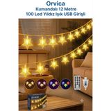 ORVİCA Kumandalı Yıldız Sarı Işık 8 Modlu 12 Metre 100 LED Yıldız Ev Bahçe Balkon Ağaç Çit Süsü LED Işık Lamba