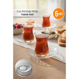 Orvila 6'lı Çay Bardağı Altlığı Tabak Seti - Mika Kristal Çay Tabağı - Şeffaf