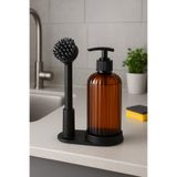 Orvila Silikon Bulaşık Fırçalı Standlı Sıvı Sabunluk - Deterjanlık 10x22 cm Amber Şişe