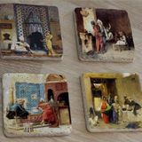 Oryantal Satranç Oynayanlar Kahveci ve Sultan Süleyman Doğal Taş Bardak Altlığı 4'lü set - Natural Stone Coasters