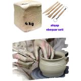 O&S 4 kg Beyaz Seramik Hamuru, Ahşap Ebeşuar Seti, 4000 gr Kil Çamuru, Doğal Hobi Oyun Çamuru