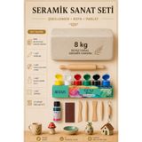 O&S Oyun ve Sanat Eğlen-Üret Beyaz Seramik Hamuru 8 Kg, 5li Ahşap Ebeşuar (MODELAJ SETİ), Merdane, Doğal Kil Çamuru