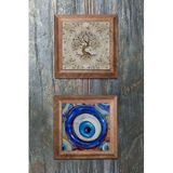 Oscar Stone Decor Ahşap Çerçeveli Taş Duvar Dekoru 28X28 Cm 2'Li Set (540-1481) Hayat Ağacı Nazar 2Prmt-114