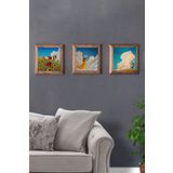 Oscar Stone Decor Ayçiçeği Bulut Cloud Masif Ahşap Çerçeveli 3'lü Set Taş Tablo Pano 28x28 cm 3PRMT-30-0014