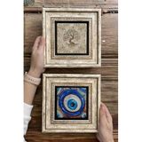 Oscar Stone Decor Çerçeveli Taş Duvar Dekoru Tablo 20X20Cm 2'Li Set (540-1481) Hayat Ağacı Nazar 2-2Cdd-111
