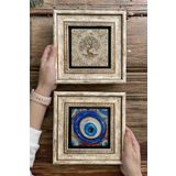 Oscar Stone Decor Çerçeveli Taş Duvar Dekoru Tablo 20x20cm 2'li Set (540-1481) Hayat Ağacı Nazar 2-2CDD-114