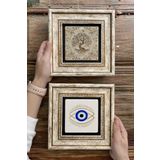 Oscar Stone Decor Çerçeveli Taş Duvar Dekoru Tablo 20x20cm 2'li Set (540-1503) Hayat Ağacı Nazar