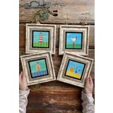 Oscar Stone Decor Çerçeveli Taş Tablo Duvar Dekoru 20x20cm 4'lü Set Deniz Feneri Resimleri