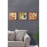 Oscar Stone Decor Decor Masif (Ahşap) Çerçeveli 3'lü Set Taş Tablo Pano 28X28 cm Renkli Kuşlar Bird Set 3PRMT-40-00078