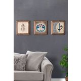Oscar Stone Decor Elif Vav Masif Ahşap Çerçeveli Taş Tablo Pano 3'lü Set 28x28 cm 3PRMT-40-0016