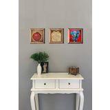 Oscar Stone Decor Masif (Ahşap) Çerçeveli 3'lü Set Taş Tablo Pano 28X28 Bereket Nar Bereket Dua Fil