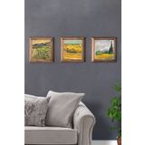 Oscar Stone Decor Masif (ahşap) Çerçeveli 3'lü Set Taş Tablo Pano 28x28 Buğday Tarlası Tablosu 3PRMT-40-0419