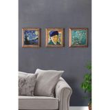 Oscar Stone Decor Masif (ahşap) Çerçeveli 3'lü Set Taş Tablo Pano 28x28 Çiçek Açan Badem Ağacı 3PRMT-40-0411
