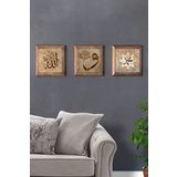 Oscar Stone Decor Masif (Ahşap) Çerçeveli 3'lü Set Taş Tablo Pano 28X28 cm Allah Muhammed Vav Seti