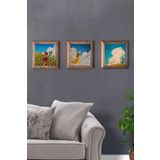Oscar Stone Decor Masif (Ahşap) Çerçeveli 3'lü Set Taş Tablo Pano 28X28 cm Ayçiçeği Bulut Cloud