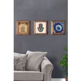 Oscar Stone Decor Masif (Ahşap) Çerçeveli 3'lü Set Taş Tablo Pano 28x28 cm Ayetel Fatma Ana Nazar