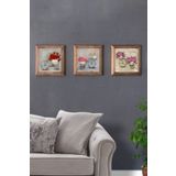Oscar Stone Decor Masif (Ahşap) Çerçeveli 3'lü Set Taş Tablo Pano 28X28 cm Çiçekler Old Flower