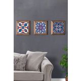 Oscar Stone Decor Masif (Ahşap) Çerçeveli 3'lü Set Taş Tablo Pano 28X28 cm Çini Desen Pattern