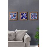 Oscar Stone Decor Masif (ahşap) Çerçeveli 3'lü Set Taş Tablo Pano 28x28 Cm Çini Desen Seramik Desen 3PRMT-40-0045