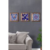 Oscar Stone Decor Masif (Ahşap) Çerçeveli 3'lü Set Taş Tablo Pano 28X28 cm Çini Desen Seramik Desen