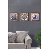 Oscar Stone Decor Masif (Ahşap) Çerçeveli 3'lü Set Taş Tablo Pano 28X28 cm Çini Deseni Gemi Ship