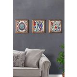 Oscar Stone Decor Masif (Ahşap) Çerçeveli 3'lü Set Taş Tablo Pano 28X28 cm Çini Deseni