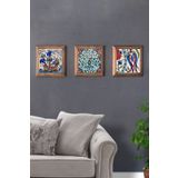 Oscar Stone Decor Masif (ahşap) Çerçeveli 3'lü Set Taş Tablo Pano 28x28 cm Çini Pattern Ship Drawing 3PRMT-40-0042
