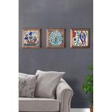 Oscar Stone Decor Masif (Ahşap) Çerçeveli 3'Lü Set Taş Tablo Pano 28X28 Cm Çini Pattern Ship Drawing 3Prmt-40-0104