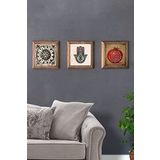 Oscar Stone Decor Masif (Ahşap) Çerçeveli 3'lü Set Taş Tablo Pano 28x28 cm Desen Fatma Ana Nar Dua