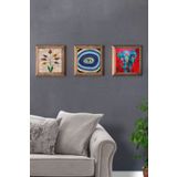 Oscar Stone Decor Masif (Ahşap) Çerçeveli 3'lü Set Taş Tablo Pano 28x28 cm Ebruli Fil Nazar Göz
