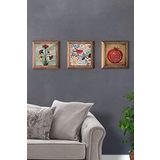 Oscar Stone Decor Masif (Ahşap) Çerçeveli 3'lü Set Taş Tablo Pano 28x28 cm Ebruli Kuş Nar Duası