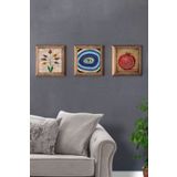 Oscar Stone Decor Masif (Ahşap) Çerçeveli 3'lü Set Taş Tablo Pano 28x28 cm Ebruli Nazar Göz Nar Dua
