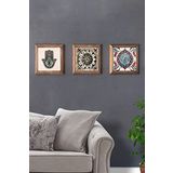 Oscar Stone Decor Masif (Ahşap) Çerçeveli 3'lü Set Taş Tablo Pano 28X28 cm Fatma Ana Eli Çini Desen