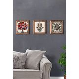 Oscar Stone Decor Masif (Ahşap) Çerçeveli 3'lü Set Taş Tablo Pano 28X28 cm Fatma Ana Eli Nar Ağacı