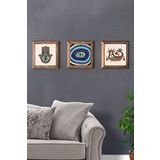 Oscar Stone Decor Masif (Ahşap) Çerçeveli 3'lü Set Taş Tablo Pano 28x28 cm Fatma Ana Eli Nazar Göz
