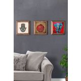 Oscar Stone Decor Masif (Ahşap) Çerçeveli 3'lü Set Taş Tablo Pano 28x28 cm Fil Fatma Ana Nar Dua
