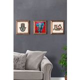 Oscar Stone Decor Masif (Ahşap) Çerçeveli 3'lü Set Taş Tablo Pano 28x28 cm Fil Fatma Ana Şahmeran