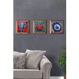 Oscar Stone Decor Masif (Ahşap) Çerçeveli 3'lü Set Taş Tablo Pano 28x28 cm Fil Nar ve Nazar Boncuğu