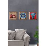 Oscar Stone Decor Masif (Ahşap) Çerçeveli 3'lü Set Taş Tablo Pano 28x28 cm Fil Nazar Göz Nar