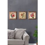 Oscar Stone Decor Masif (Ahşap) Çerçeveli 3'lü Set Taş Tablo Pano 28X28 cm Gül Rose Flower