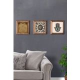 Oscar Stone Decor Masif (Ahşap) Çerçeveli 3'lü Set Taş Tablo Pano 28X28 cm Hamsa Fatma Ana Bereket