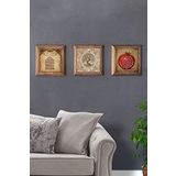 Oscar Stone Decor Masif (Ahşap) Çerçeveli 3'lü Set Taş Tablo Pano 28x28 cm Hayat Ağaç Ayetel Nar Dua
