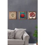 Oscar Stone Decor Masif (Ahşap) Çerçeveli 3'lü Set Taş Tablo Pano 28X28 cm Hayat Ağacı Nar Ağacı