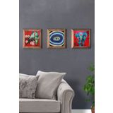 Oscar Stone Decor Masif (Ahşap) Çerçeveli 3'lü Set Taş Tablo Pano 28x28 cm Kuşlar Fil Nazar Göz
