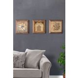 Oscar Stone Decor Masif (Ahşap) Çerçeveli 3'lü Set Taş Tablo Pano 28x28 cm Muhammed Ayetel Allah
