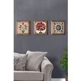Oscar Stone Decor Masif (Ahşap) Çerçeveli 3'lü Set Taş Tablo Pano 28X28 cm Nar Ağacı Ebruli Çiçek Desen