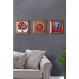 Oscar Stone Decor Masif (Ahşap) Çerçeveli 3'lü Set Taş Tablo Pano 28x28 cm Nar Ağacı Nar Dua Fil