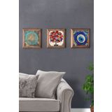 Oscar Stone Decor Masif (ahşap) Çerçeveli 3'lü Set Taş Tablo Pano 28x28 Cm Nar Ağacı Nazar Göz 3PRMT-40-0594